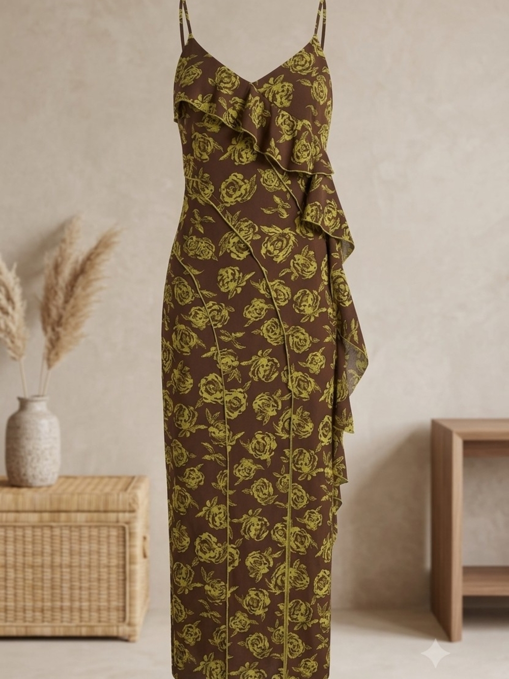 Moon River Olive Floral Ruffle Slip Midi Dress